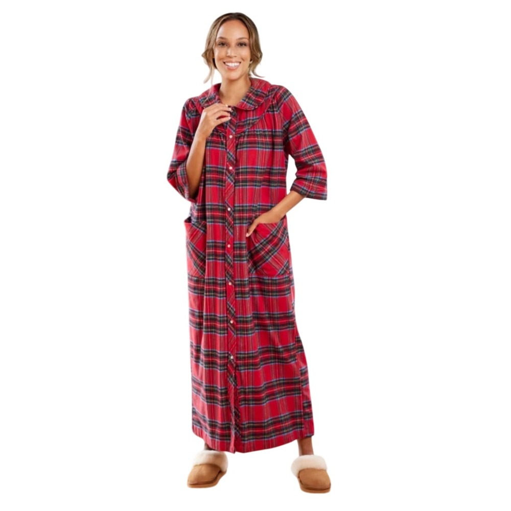 Vermont Country Store Women Red Plaid Portuguese Flannel Snap Front Robe Small